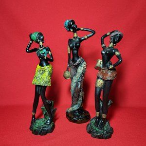 Vintage African Tribal Lady Woman Resin Figure Sculpture Decor Set of 3